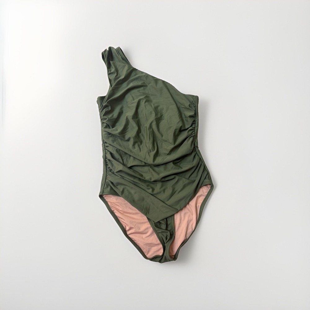 J. Crew Reimagined Olive One Shoulder Swimsuit Sz 12 Quiet Luxury Resortwear